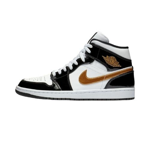 Air Jordan 1 Mid Patent Black White Gold