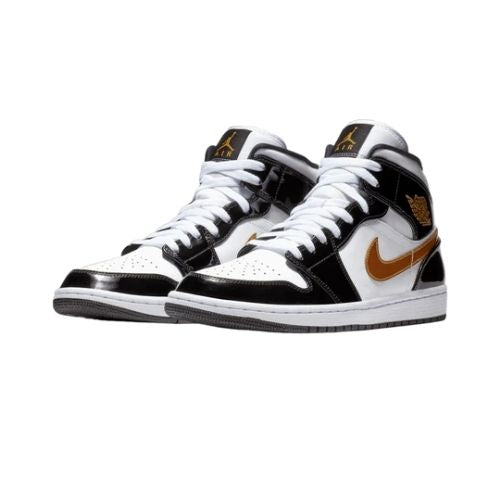Air Jordan 1 Mid Patent Black White Gold