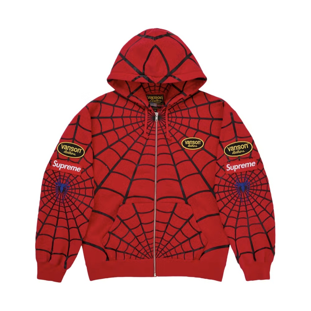Supreme Vanson Leathers Spider-Man Zip Up Hooded Sweatshirt Red